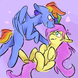 Size: 1280x1280 | Tagged: safe, artist:antimationyt, imported from derpibooru, fluttershy, rainbow dash, pegasus, pony, blushing, female, floppy ears, flutterdash, lesbian, looking at each other, mare, missing cutie mark, shipping