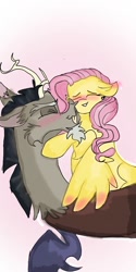 Size: 540x1080 | Tagged: safe, artist:cocolove2176, imported from derpibooru, discord, fluttershy, draconequus, pegasus, pony, blushing, cheek kiss, discoshy, eyes closed, female, kiss on the cheek, kissing, male, mare, shipping, straight, wings