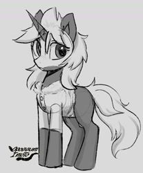 Size: 1333x1611 | Tagged: safe, artist:opossum_imoto, imported from derpibooru, oc, oc only, oc:s.leech, pony, unicorn, clothes, grayscale, monochrome, shirt, solo