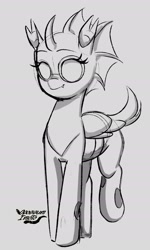 Size: 1391x2320 | Tagged: safe, artist:opossum_imoto, imported from derpibooru, oc, oc only, oc:yvette (evan555alpha), changeling, changeling oc, female, glasses, monochrome, solo