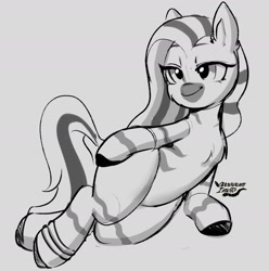 Size: 2384x2401 | Tagged: safe, artist:opossum_imoto, imported from derpibooru, oc, oc only, oc:zeal lanatus, semi-anthro, zebra, female, grayscale, lidded eyes, mare, monochrome, smiling, solo