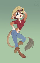 Size: 2480x3858 | Tagged: safe, artist:airfly-pony, imported from derpibooru, oc, oc only, oc:case, anthro, unguligrade anthro, unicorn, belly button, boots, clothes, cowboy hat, ear fluff, female, floppy ears, hand on hip, hat, jeans, leonine tail, looking at you, midriff, one eye closed, open mouth, pale belly, pants, shirt, shoes, smiling, smiling at you, solo, wink, winking at you