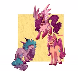 Size: 1972x1830 | Tagged: safe, artist:kafeleik, imported from derpibooru, izzy moonbow, pipp petals, sunny starscout, earth pony, pegasus, pony, unicorn, abstract background, angry, bracelet, braid, chest fluff, eyes closed, female, g5, jewelry, mare, one eye closed, open mouth, pipp, signature, unshorn fetlocks, wings