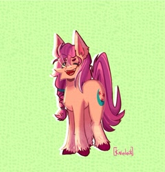 Size: 1158x1205 | Tagged: safe, artist:kafeleik, imported from derpibooru, sunny starscout, earth pony, pony, abstract background, braid, female, g5, mare, one eye closed, open mouth, signature, solo