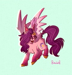 Size: 1158x1205 | Tagged: safe, artist:kafeleik, imported from derpibooru, pipp petals, pegasus, pony, abstract background, chest fluff, ear fluff, eyes closed, female, g5, mare, open mouth, pipp, signature, solo, unshorn fetlocks, wings