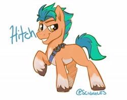 Size: 4096x3218 | Tagged: safe, artist:sciggles, imported from derpibooru, hitch trailblazer, earth pony, pony, g5, grin, high res, looking at you, male, raised hoof, simple background, smiling, solo, stallion, teeth, text, unshorn fetlocks, white background