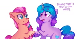 Size: 1980x1013 | Tagged: safe, artist:skylaedits, imported from derpibooru, izzy moonbow, sunny starscout, earth pony, pony, unicorn, bracelet, cheek fluff, chest fluff, dialogue, duo, ear fluff, female, g5, jewelry, looking at each other, mare, open mouth, raised hoof, smiling, text, unshorn fetlocks