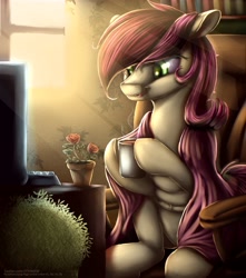 Size: 3383x3827 | Tagged: safe, artist:to_fat_to_fly, roseluck, earth pony, pony, bookshelf, chair, computer, crepuscular rays, cup, female, flower, hoof hold, keyboard, mare, open mouth, potted plant, rose, sitting, solo, steam