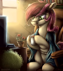 Size: 3383x3827 | Tagged: safe, alternate version, artist:to_fat_to_fly, roseluck, earth pony, pony, bookshelf, chair, computer, crepuscular rays, cup, female, flower, hoof hold, keyboard, mare, open mouth, potted plant, rose, sitting, solo, steam