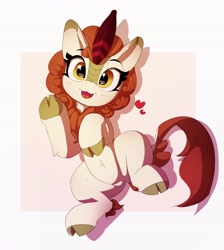 Size: 3665x4096 | Tagged: safe, artist:pabbley, imported from ponybooru, autumn blaze, kirin, awwtumn blaze, cloven hooves, cute, cute little fangs, fangs, female, heart, looking at you, lying down, smiling, solo, waving