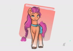 Size: 1984x1403 | Tagged: safe, artist:appletree_at, imported from derpibooru, sunny starscout, earth pony, pony, spoiler:g5, abstract background, bag, braid, female, g5, looking at you, mare, signature, solo, unshorn fetlocks