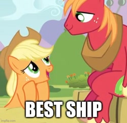 Size: 508x491 | Tagged: safe, edit, edited screencap, imported from derpibooru, screencap, applejack, big macintosh, earth pony, pony, apple family reunion, applecest, applemac, cropped, female, imgflip, incest, male, mare, shipping, stallion, straight, text