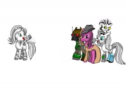 Size: 1280x960 | Tagged: safe, artist:gloomradiancy, imported from derpibooru, oc, oc only, oc:crystal eclair, oc:nexus, oc:tooty fruity, fallout equestria, fallout equestria: influx, fanfic art, waving