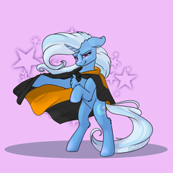 Size: 800x800 | Tagged: safe, artist:allyclaw, edit, editor:anonymous, imported from ponybooru, imported from twibooru, trixie, pony, unicorn, bipedal, chest fluff, edited signature, female, fluffy, image, looking at you, mare, mouthpiece, pink background, png, pride flag, simple background, super straight, unauthorized edit