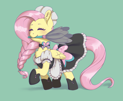 Size: 3879x3176 | Tagged: safe, artist:taytinabelle, imported from derpibooru, fluttershy, pegasus, pony, alternate hairstyle, apron, bow, braid, braided ponytail, chest fluff, choker, clothes, collar, cute, cutie mark accessory, dress, duster, ear fluff, eyes closed, female, fluttermaid, green background, happy, maid, maid headdress, mare, mouth hold, raised hoof, shoes, simple background, smiling, solo