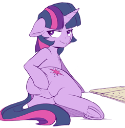 Size: 1314x1344 | Tagged: artist needed, safe, twilight sparkle, pony, unicorn, book, butt, butt grab, butt touch, dock, featureless crotch, grope, looking back, lying down, plot, simple background, smiling, unicorn twilight, white background