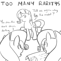 Size: 900x900 | Tagged: safe, rarity, pony, unicorn, clones, dialogue, glasses, monochrome, simple background