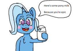 Size: 407x284 | Tagged: safe, artist:xppp1n, imported from ponybooru, trixie, pony, unicorn, blushing, chest fluff, female, holding, mare, milk, open mouth, simple background, solo, speech bubble, text, transparent background