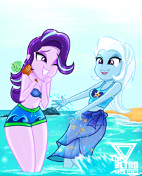 Size: 1500x1852 | Tagged: safe, artist:theretroart88, imported from derpibooru, starlight glimmer, trixie, equestria girls, beach, belly button, board shorts, clothes, confident, duo, duo female, female, food, happy, ice cream, one eye closed, outdoors, purple eyes, rock, sand, sarong, shiny skin, shorts, sleeveless, smiling, splashing, swimsuit, water, watermark