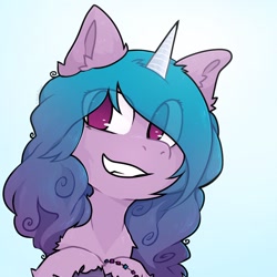 Size: 1200x1200 | Tagged: safe, artist:lavafoox, imported from derpibooru, izzy moonbow, pony, unicorn, bracelet, chest fluff, cute, ear fluff, female, g5, grin, izzybetes, jewelry, looking at you, mare, raised hoof, smiling, solo, teeth, unshorn fetlocks