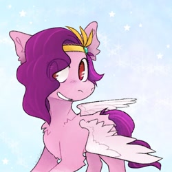 Size: 1200x1200 | Tagged: safe, artist:lavafoox, imported from derpibooru, pipp petals, pegasus, pony, abstract background, adorapipp, chest fluff, cute, ear fluff, female, g5, grin, looking at you, mare, pipp, smiling, solo, stars, teeth