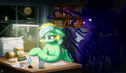 Size: 1920x1123 | Tagged: safe, artist:pyropk, imported from derpibooru, tantabus, oc, pegasus, pony, book, bookshelf, city, clock, coffee, desk, flag, lamp, moon, multicolored hair, multicolored mane, paperwork, pen, sitting, skyline, tired, window