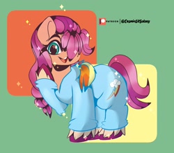 Size: 2048x1809 | Tagged: safe, artist:cosmiclitgalaxy, artist:thatspacehorse, imported from derpibooru, sunny starscout, earth pony, pony, abstract background, braid, clothes, costume, cute, female, g5, in-universe pegasister, kigurumi, looking at you, mare, open mouth, patreon, patreon logo, rainbow dash costume, raised hoof, signature, solo, sunnybetes, unshorn fetlocks