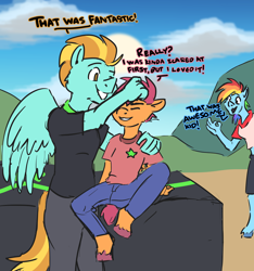 Size: 3000x3200 | Tagged: safe, artist:applejackofalltrades, imported from derpibooru, lightning dust, rainbow dash, scootaloo, anthro, pegasus, unguligrade anthro, colored, commission, dialogue, doodle, hug, noogie, scootalove, stunt