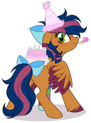 Size: 2240x3006 | Tagged: safe, artist:mcjojo, imported from derpibooru, oc, oc only, oc:solar comet, pegasus, pony, bow, cake, disguise, disguised changedling, eyelashes, femboy, food, freckles, green eyes, hat, looking at you, male, party horn, sock, solo, tail, tail bow, trap, wings
