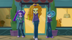 Size: 800x450 | Tagged: safe, imported from derpibooru, screencap, adagio dazzle, aria blaze, sonata dusk, equestria girls, rainbow rocks, adorasexy, animated, clothes, cute, evil grin, female, grin, hair blowing, hoodie, sexy, singing, smiling, swaying hips, talking, the dazzlings, trio, trio female, walking, wind, windswept hair