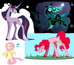 Size: 2563x2281 | Tagged: safe, artist:syrupyyy, imported from derpibooru, fluttershy, gummy, pinkie pie, queen chrysalis, twilight sparkle, alligator, changeling, changeling queen, earth pony, pegasus, pony, unicorn, bipedal, curved horn, female, glowing horn, grass, heart, horn, magic, mare, markings, raised hoof, rearing, redesign, unicorn twilight, unshorn fetlocks
