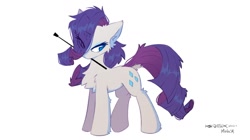 Size: 1400x782 | Tagged: safe, artist:kejifox, artist:mirtash, imported from derpibooru, rarity, pony, unicorn, chest fluff, collaboration, dock, eye clipping through hair, female, mare, mouth hold, riding crop, simple background, solo, white background