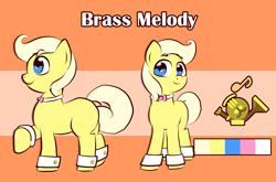 Size: 1400x925 | Tagged: safe, artist:orangesoda, imported from derpibooru, oc, oc only, oc:brass melody, earth pony, pony, bowtie, cufflinks, cute, looking at you, male, ocbetes, reference sheet, smiling, smiling at you, stallion