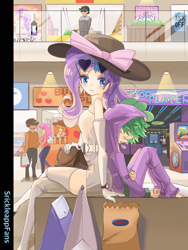 Size: 2448x3264 | Tagged: safe, artist:srickleappfans, imported from derpibooru, applejack, pinkie pie, rarity, spike, human, equestria girls, arcade, duo focus, female, high res, humanized, male, shopping mall, vulgar