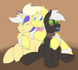 Size: 2456x2212 | Tagged: safe, artist:keboponda, imported from derpibooru, oc, oc only, oc:brass melody, oc:jack sunshine, oc:solarmod, changeling, earth pony, pony, unicorn, bowtie, collar, cufflinks, glasses, green changeling, group hug, hug, trio