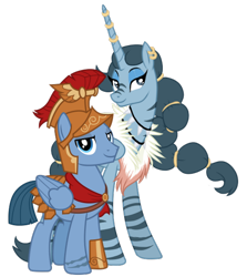 Size: 1066x1196 | Tagged: safe, artist:cloudy glow, artist:cloudyglow, artist:f2u-mlp-vectors, edit, idw, imported from derpibooru, vector edit, grimhoof, queen parabola, alicorn, pegasus, pony, zebra, zebra alicorn, legends of magic, spoiler:comic, armor, crack shipping, ear piercing, earring, female, helmet, horn, horn ring, idw showified, jewelry, male, mare, paragrim, piercing, ring, royal legion, shipping, simple background, smiling, stallion, straight, transparent background, vector