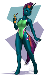 Size: 2000x3000 | Tagged: safe, artist:mykegreywolf, imported from derpibooru, oc, oc only, oc:midnight shadow, anthro, unguligrade anthro, unicorn, abstract background, bicolor swimsuit, breasts, clothes, cutie mark, drink, eyebrows, eyelashes, female, high-cut clothing, holding, leg fluff, mare, one-piece swimsuit, simple background, solo, swimsuit