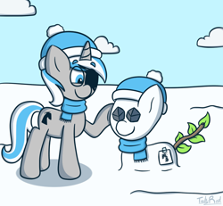 Size: 908x839 | Tagged: safe, artist:techreel, imported from derpibooru, oc, oc only, oc:sekr gray, pony, unicorn, clothes, cloud, coal, cutie mark, eyebrows, eyebrows visible through hair, eyepatch, male, scarf, snow, snowmare, snowpony, solo, stallion, tree branch, winter hat