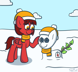 Size: 908x839 | Tagged: safe, artist:techreel, imported from derpibooru, oc, oc only, oc:cinnamon pop, pegasus, pony, clothes, cloud, coal, cutie mark, female, mare, red mane, scarf, snow, snowmare, snowpony, solo, tree branch, winter hat, yellow eyes