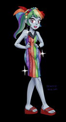 Size: 700x1300 | Tagged: safe, artist:princestbeck, imported from derpibooru, rainbow dash, equestria girls, equestria girls series, spring breakdown, spoiler:eqg series (season 2), bare shoulders, clothes, cute, dress, feet, female, headband, legs, looking at you, multicolored hair, ponytail, rainbow hair, sandals, sleeveless, sleeveless dress, smiling, solo, sparkles