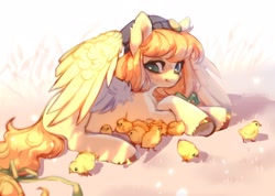 Size: 2560x1821 | Tagged: safe, artist:myscherri, imported from derpibooru, oc, oc only, bird, chicken, pegasus, pony, chick, female, hat, mare, solo, wings