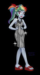 Size: 700x1300 | Tagged: safe, alternate version, artist:princestbeck, imported from derpibooru, rainbow dash, equestria girls, bare shoulders, black background, clothes, cute, dress, feet, female, headband, legs, looking at you, multicolored hair, ponytail, rainbow hair, sandals, simple background, sleeveless, sleeveless dress, smiling, solo, sparkles