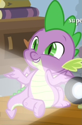 Size: 555x840 | Tagged: safe, imported from derpibooru, screencap, spike, dragon, marks for effort, season 8, spoiler:s08, book, cropped, cute, male, opening credits, projector, shrug, sitting, smiling, solo, spikabetes, teeth, winged spike, wings