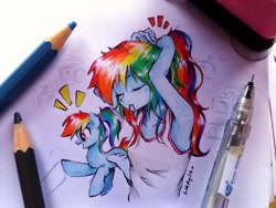 Size: 3709x2782 | Tagged: safe, artist:liaaqila, imported from derpibooru, rainbow dash, pegasus, pony, equestria girls, clothes, colored pencils, cute, dashabetes, duo, eyes closed, female, human ponidox, liaaqila is trying to murder us, liaaqila is trying to murder us with dashabetes, mare, mouth hold, open mouth, ponytail, self ponidox, smiling, tanktop, traditional art