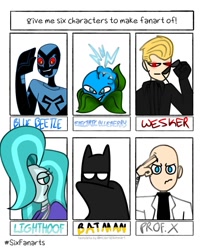 Size: 1000x1194 | Tagged: safe, artist:_mighty.atom_, imported from derpibooru, lighthoof, anthro, earth pony, human, six fanarts, albert wesker, batman, blue beetle, bust, clothes, costume, crossover, dc comics, female, flower, frown, gloves, glowing eyes, male, marvel comics, mask, plants vs zombies, professor x, resident evil, salute, smiling, sunglasses, x-men