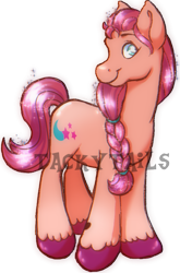 Size: 552x836 | Tagged: safe, artist:tackytails, imported from derpibooru, sunny starscout, earth pony, pony, braid, female, g5, looking at you, mare, simple background, smiling, solo, text, transparent background, unshorn fetlocks, watermark