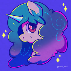 Size: 1500x1500 | Tagged: safe, artist:talimingi, imported from derpibooru, izzy moonbow, pony, unicorn, bust, cute, female, g5, izzybetes, looking at you, mare, portrait, purple background, simple background, smiling, solo