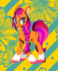 Size: 700x850 | Tagged: safe, artist:stacy_165cut, imported from derpibooru, sunny starscout, earth pony, pony, abstract background, braid, cute, female, g5, mare, open mouth, solo, sunnybetes, unshorn fetlocks