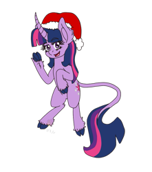 Size: 771x871 | Tagged: safe, artist:midnightfire1222, imported from derpibooru, twilight sparkle, pony, unicorn, christmas, cloven hooves, deviantart, hat, holiday, leonine tail, request, santa hat, simple background, solo, transparent background, waving