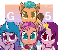 Size: 1350x1150 | Tagged: safe, artist:laylaelvy278, imported from derpibooru, hitch trailblazer, izzy moonbow, pipp petals, sunny starscout, earth pony, pegasus, pony, unicorn, abstract background, adorapipp, badge, blushing, braid, cute, female, fluttershy's cutie mark, g5, hitchbetes, izzybetes, looking at you, male, mare, open mouth, pins, pipp, rainbow dash's cutie mark, raised hoof, smiling, stallion, sunnybetes, text, twilight's cutie mark, unshorn fetlocks, waving